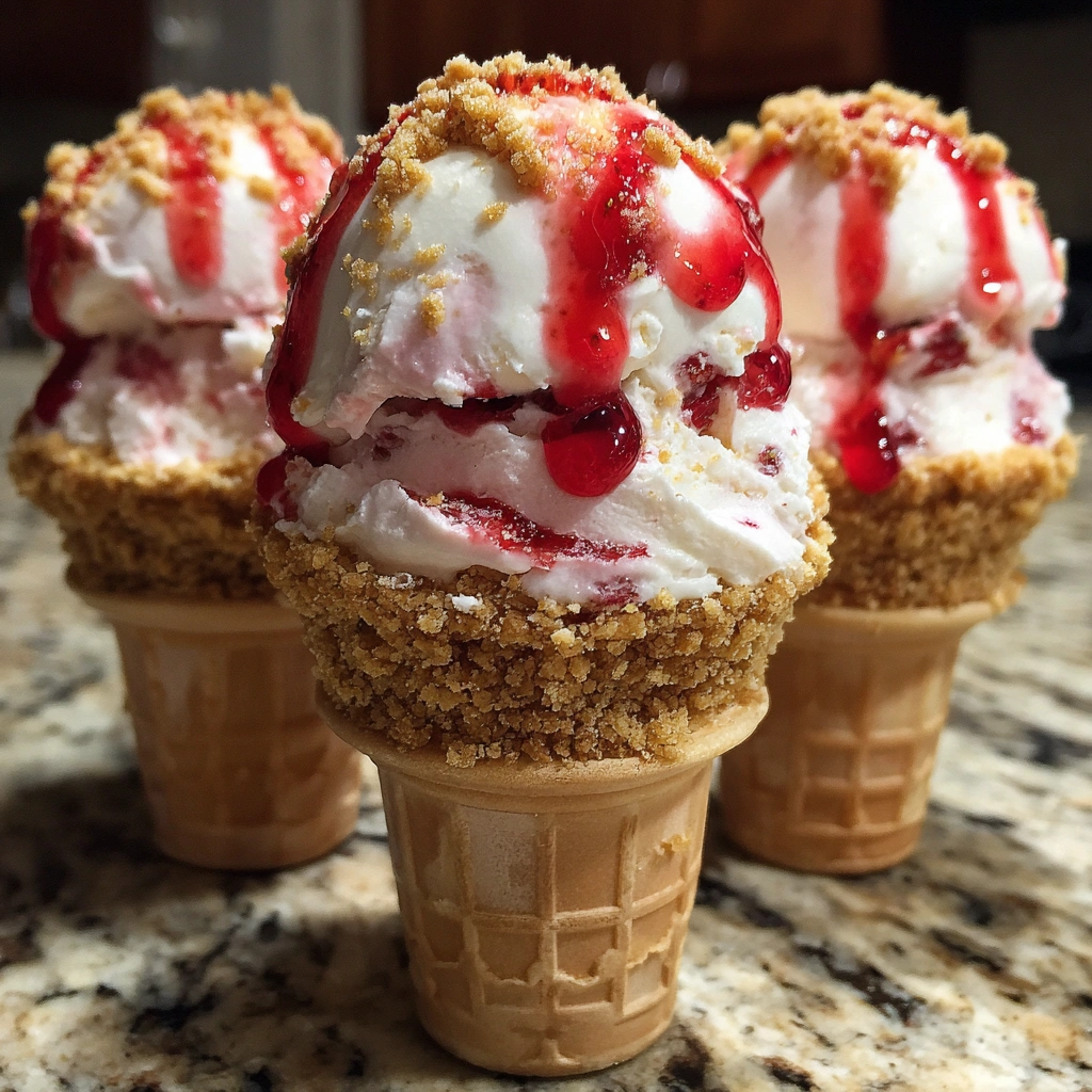 Frozen Strawberry Cheesecake Parfait Cones