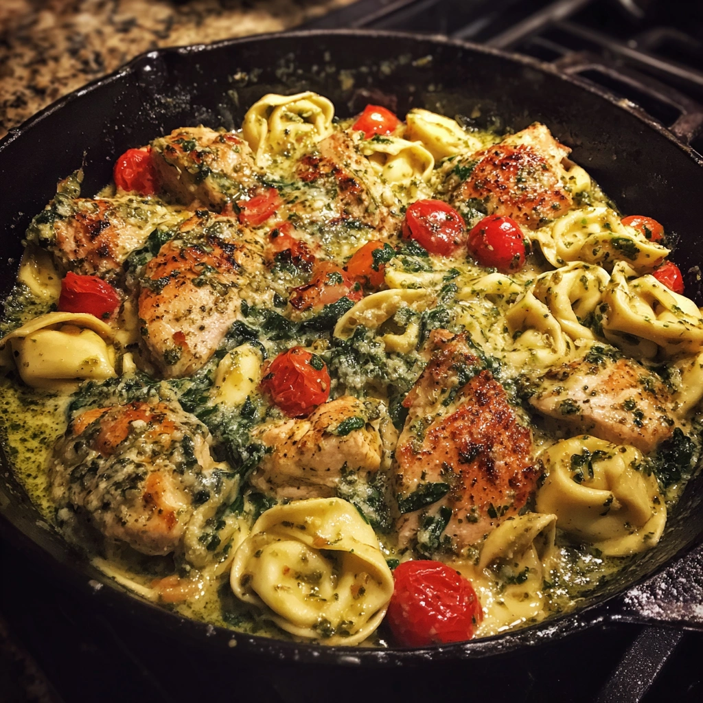 Creamy Pesto Chicken Tortellini Skillet