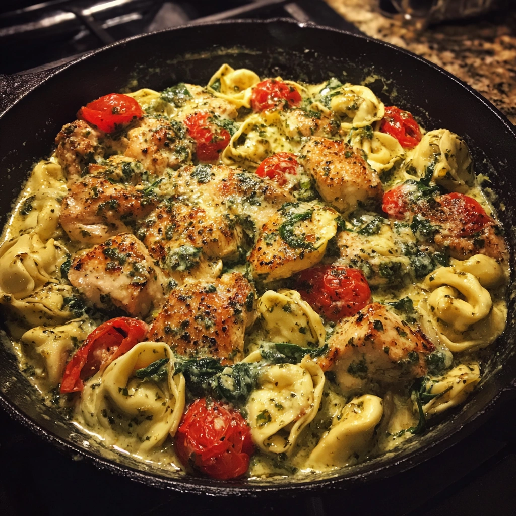 Creamy Pesto Chicken Tortellini Skillet