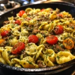 Creamy Pesto Ground Beef Pasta Skillet