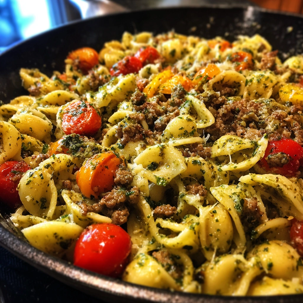 Creamy Pesto Ground Beef Pasta Skillet