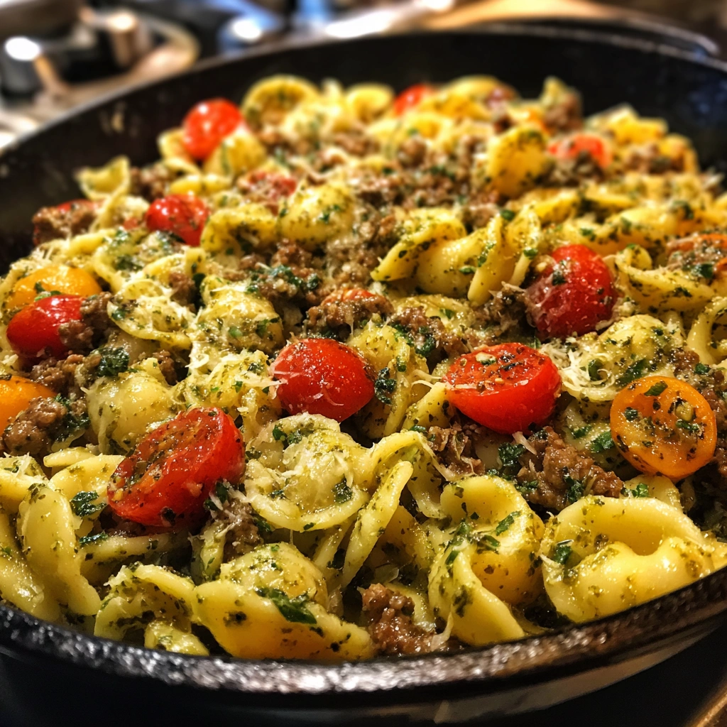 Creamy Pesto Ground Beef Pasta Skillet