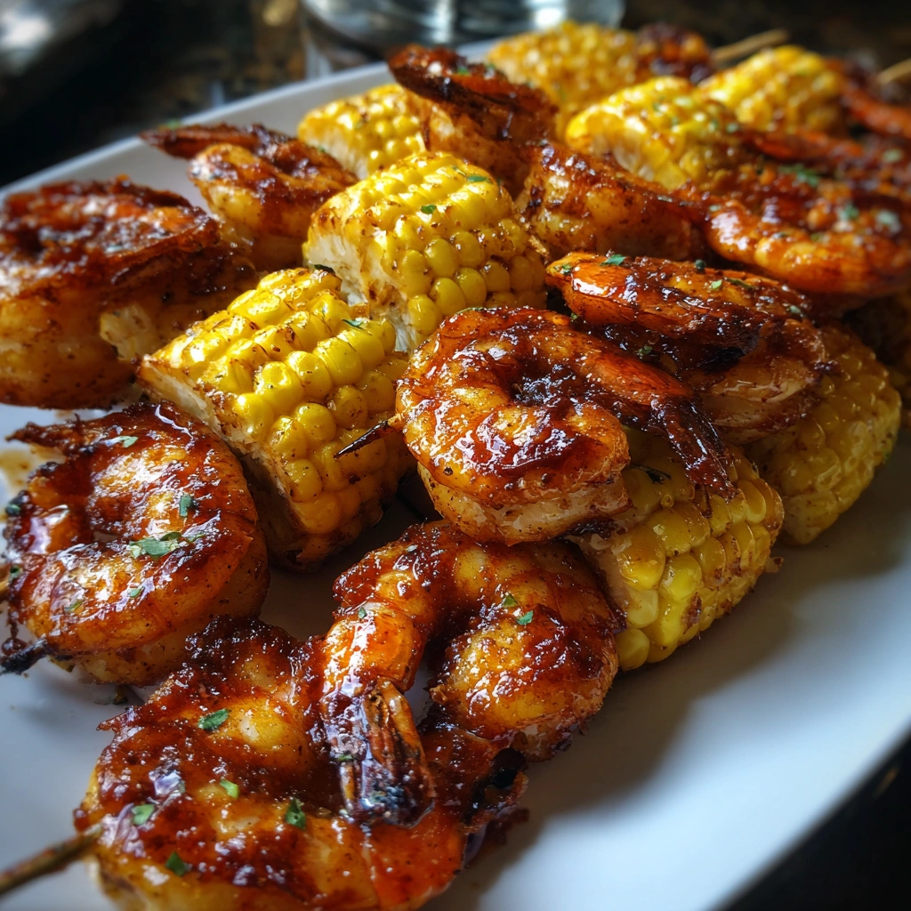 Grilled BBQ Shrimp and Corn Skewers