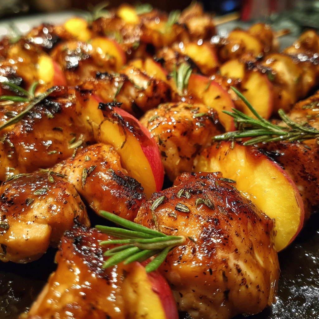 Grilled Peach BBQ Chicken Skewers