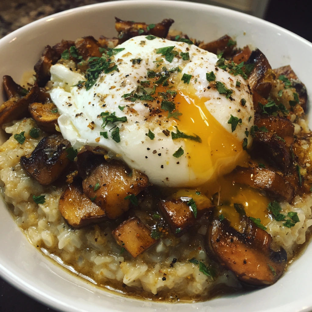 Oatmeal with Mushrooms and Poached Egg