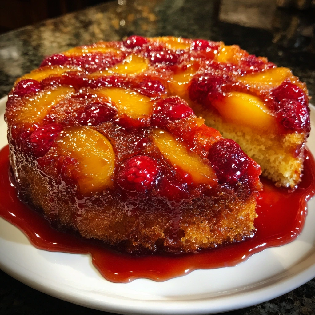 Peach Raspberry Upside-Down Cake