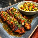 Sticky Garlic Chicken Skewers with Summer Corn Salsa