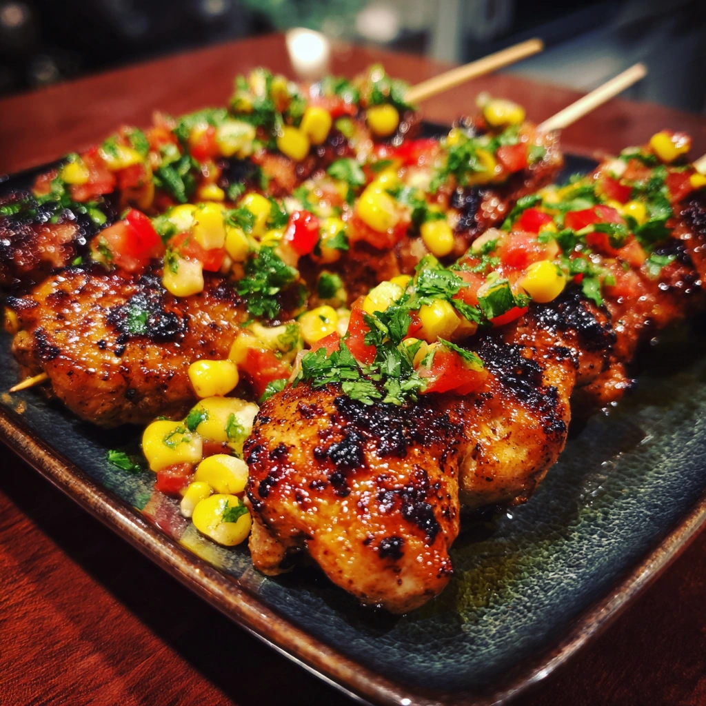 Sticky Garlic Chicken Skewers with Summer Corn Salsa