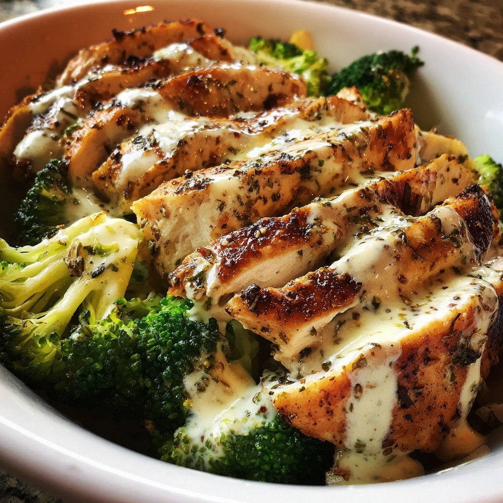 Grilled Chicken & Broccoli Bowl with Creamy Garlic Sauce