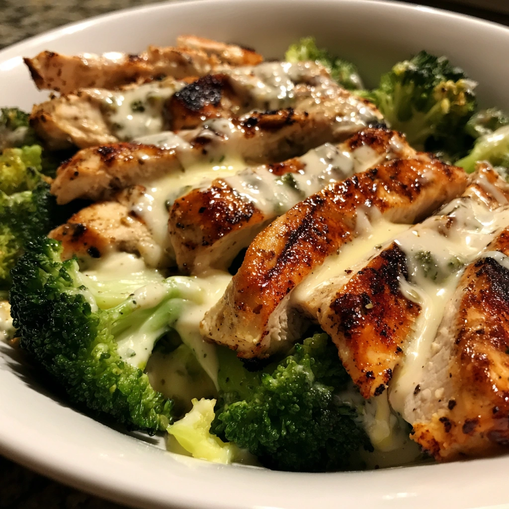 Grilled Chicken & Broccoli Bowl with Creamy Garlic Sauce