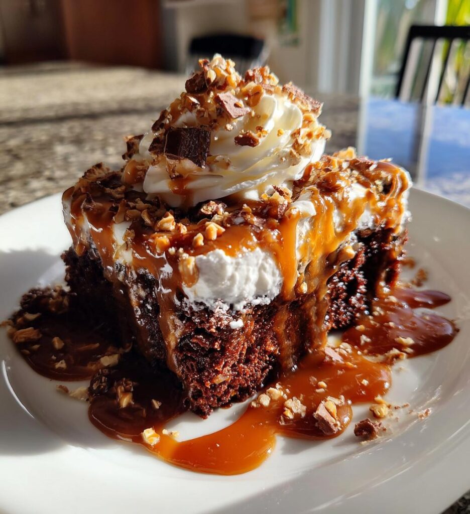 Chocolate Caramel Toffee Poke Cake