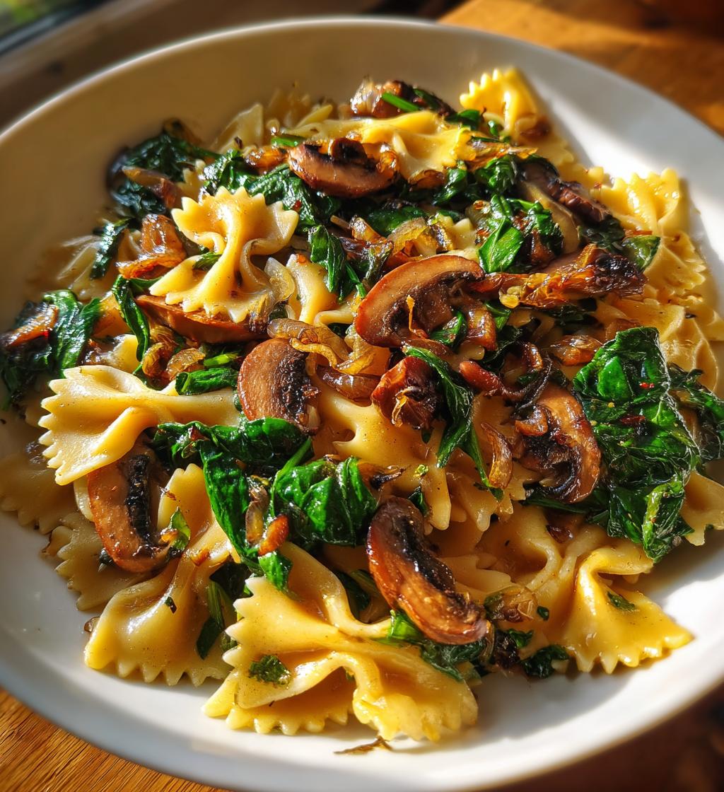 Farfalle Pasta with Spinach, Mushrooms, and Caramelized Onions - detail 1