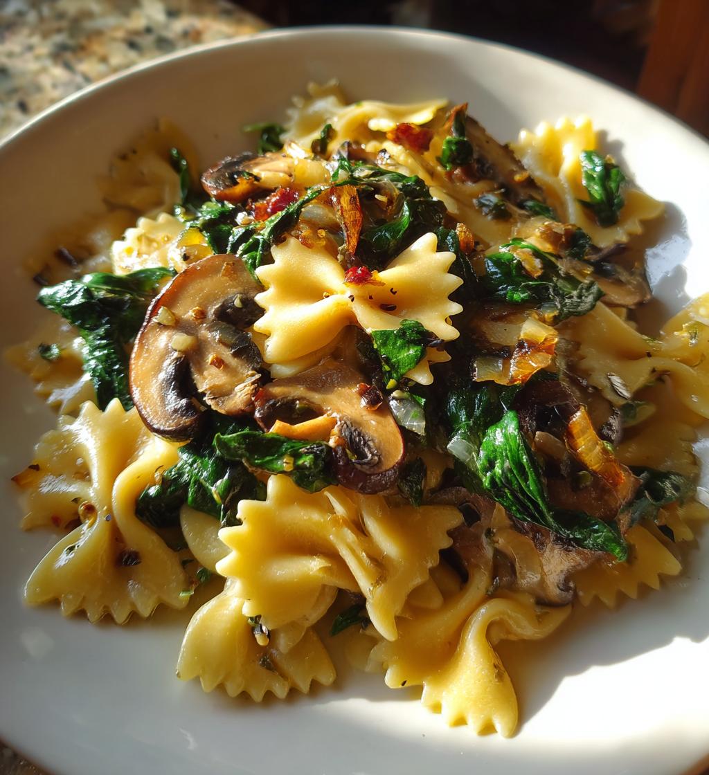 Farfalle Pasta with Spinach, Mushrooms, and Caramelized Onions